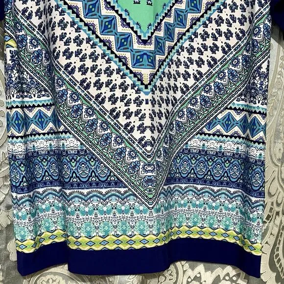 Vibrant Bohemian Mandala Shift Dress Size 6 Blue Multi Color Bell Sleeves Retro - Picture 3 of 13